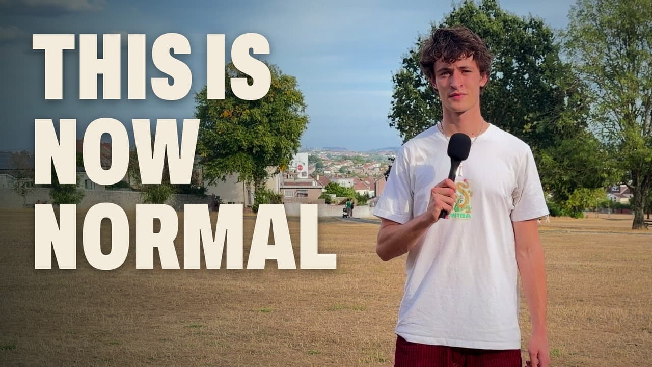 YouTube thumbnail for Shifting Baselines. Luca Stancheris holds a microphone in a park of dry, yellowed summer grass above Bristol, beside the words This is now normal.